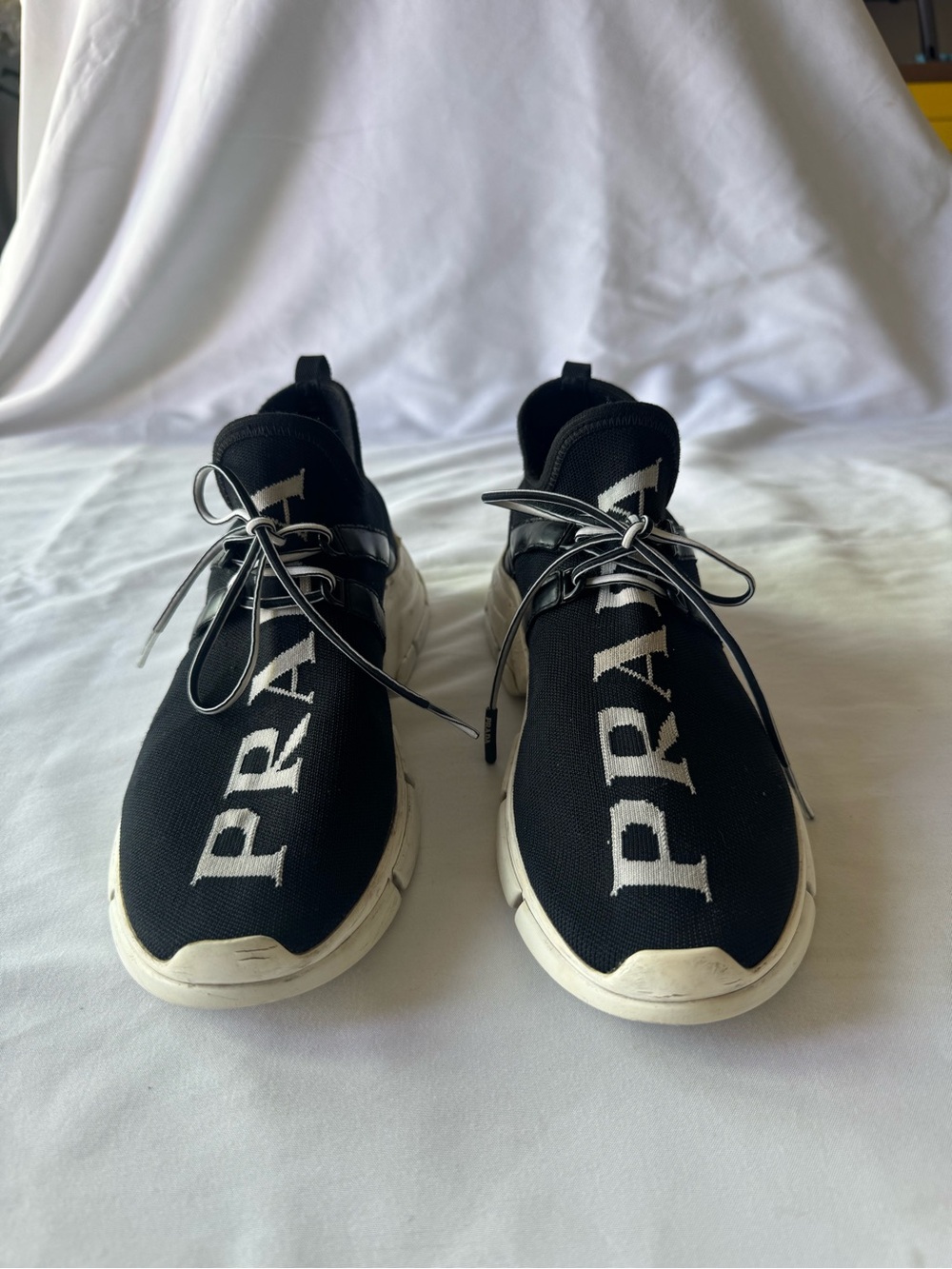 Prada Authentic Women’s Black/White Knit Fabric Logo Sneakers Size UK 4 / US 6